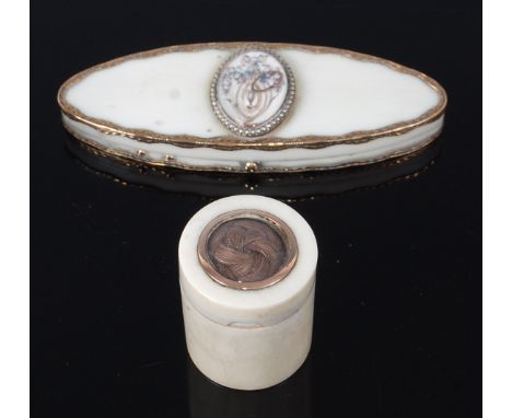 An ivory trinket box and another trinket box, the small circular ivory box, 2.8cm diameter x 3.4cm high, the top inset with p