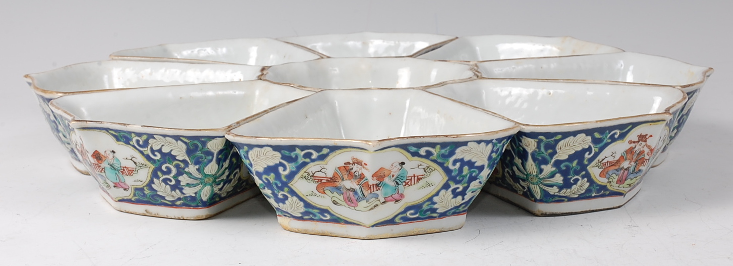 A 19th century Chinese porcelain hors d'oeuvres set of dishes, arranged