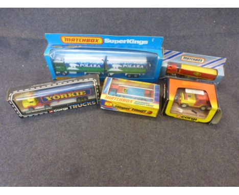 Five boxed diecast models to include Matchbox Superkings K-21 Ford Transcontinental, Scammell Freight Liner (boxes tatty) and