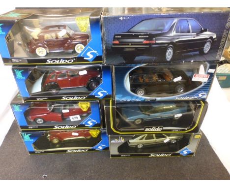 Eight boxed 1:18 Solido diecast models to include Prestige 1966 Citroen 2CV (8029), 1963 Citroen Berline (7228), Renault 4 CV