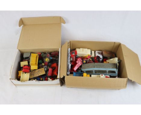 Collection of vintage play worn diecast models to include Corgi and Dinky featuring Commercial and farming examples (two boxe