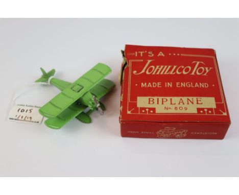 Vintage Johillco Toy Biplane No.609 in green livery and marked UX 214 to the side complete with original box. Measures approx