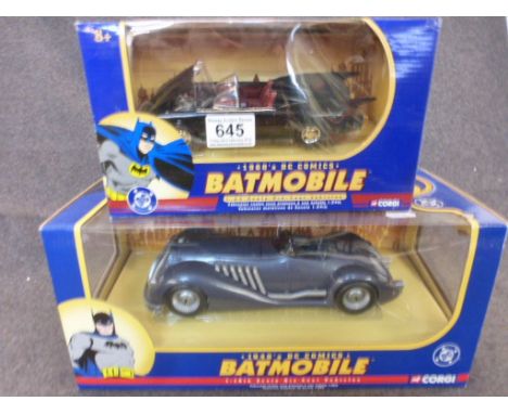 Two boxed Corgi Batmobile models featuring 1:24 1960's DC Comics Batmobile NCR00476 and 1940's DC Comics Batmobile 77606