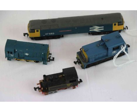 Four N gauge locomotives to include an unmarked County of Hertfordshire 47583 BR, Grafar BR 08113, Berren Tank Engine and a L