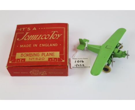 Vintage Johillco Toy Bombing Plane No.620 in green livery complete with original box. Measures approx 10cm in length. Tyres n