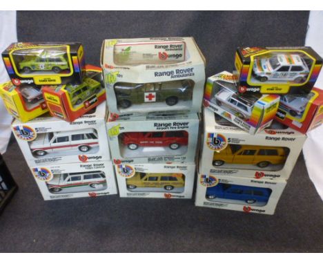 Collection of 13 boxed Burago diecast models to include 3 x 1:43 Range Rover Team Castrol (4156 variants), 2 x Range Rover (4