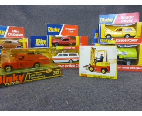 Eight boxed Dinky diecast models to include Volvo Police Car (243), Johnston Road Sweeper (449), Land Rover Fire Appliance (2