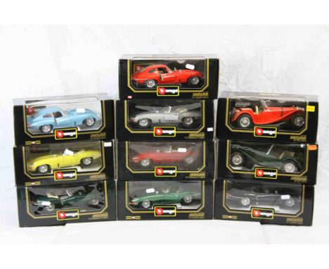 Ten boxed 1:18 Burago diecast models to include 5 x 1961 Jaguar "E" Coupe (silver, red, light blue, black &amp; green), 3 x 1