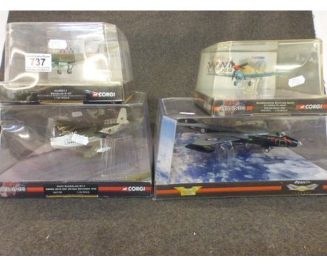 Four boxed Corgi military models to include WWII 1:144 Legends Short Sunderland MK II, 1:72 Supermarine Spitfire MKVC, Dougla