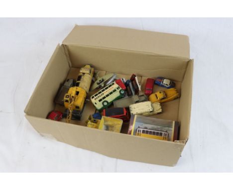 18 Vintage play worn diecast and plastic model vehicles to include Dinky, Corgi, Matchbox Lesney and Triang to include Corgi 