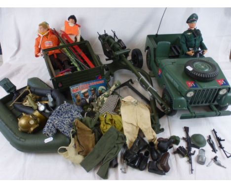 Collection Of Action Man to include Jeep , WW2 German Officer In Full Uniform , Artillery Gun , Trailer , Dingy , two other f