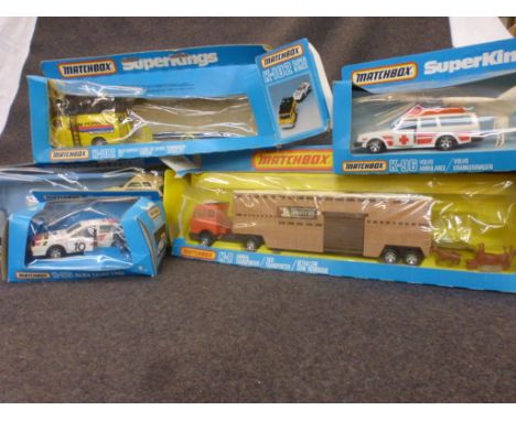 Five boxed Matchbox Superkings diecast models to include K-102, K-8, K-107, K-96, K-95 (boxes tatty and damage to box plastic