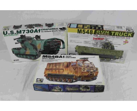 Three unmade complete ARV Club 1:35 scale plastic military model kits to include AF3503 M548A1 Tracked Cargo Carrier, AF35S32