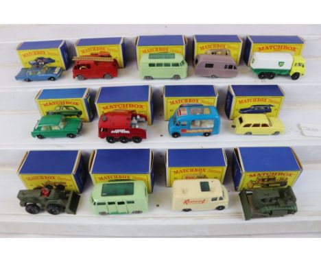 Thirteen boxed Matchbox Lesney diecast models to include 34 Volkswagen Camping Car , 63 Fire Fighting Crash Tender , 18 Cater