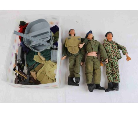 Original Palitoy Action Man to include three figures (one Eagle Eyes), clothing, weapons and mess kit container 