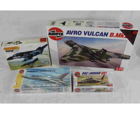 Four boxed plastic model kits to include Airfix 1:72 x 3 (Avro Vulcan BMK2, BAC Jaguar GR1 sealed box, Panavia Tornado F3 sea