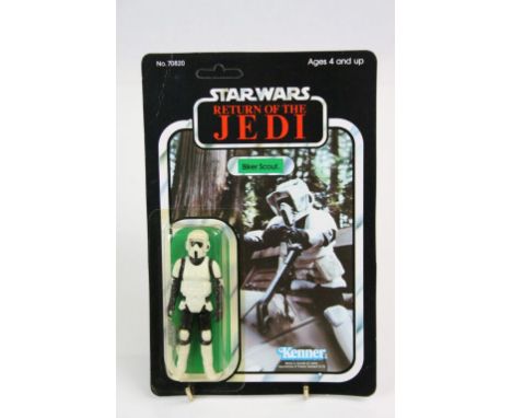Star Wars - Original carded Kenner Return of the Jedi Biker Scout figure, unpunched, 77 back, slightly discoloured bubble wit