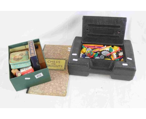 Group of toys to include wooden chess set, draughts board &amp; pieces, K-Nex case and pieces, cards, dominoes, dice etc