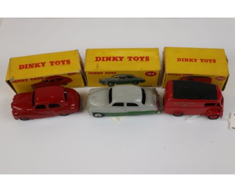 Three boxed Dinky diecast models to include 260 Royal Mail Van, 164 Vauxhall Cresta Saloon in two tone green/grey and 161 Aus