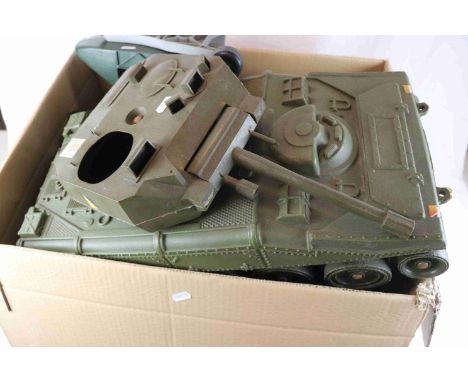 Box of Vintage Action Man Vehicles to include : Helicopter, Aircraft, Motorcycle &amp; Side Car, Jeep &amp; Tank.