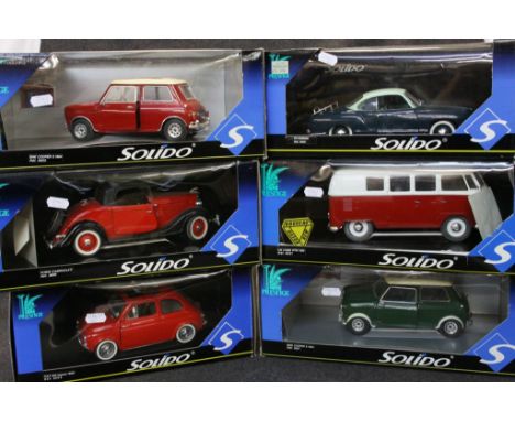 Six boxed Solido Prestige diecast models to include 1964 Mini Cooper (8021), 1966 VW Combi Vitre (8031), 1964 Mini Cooper (80
