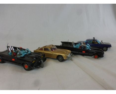 Four 1960s Corgi TV related diecast models to include Batmobile x 2 (one with both Batman and Robin figures), James Bond Asti