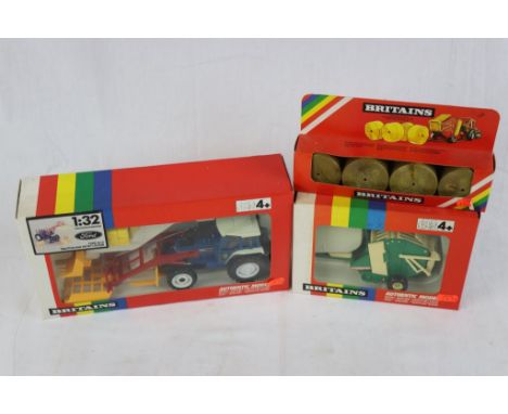 Three boxed Britain farm models to include 9617 Ford 5610 Tractor &amp; Front Loader, 9532 Round Baler &amp; 1743 Round Hay B