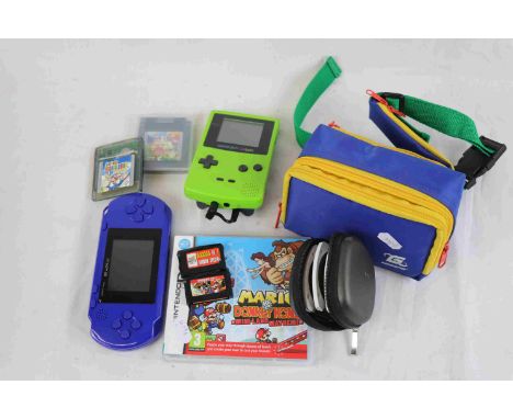 Collection of retro gaming consoles, games and accessories to include Nintendo Lime Green Color Game Boy with Gamester batter