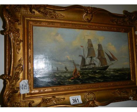 A gilt framed oil on canvas seascape, (frame a/f) image 36cm x 19cm frame 50cm x 33cm