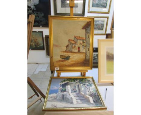 2 oil on board continental scenes, one signed M Sabido