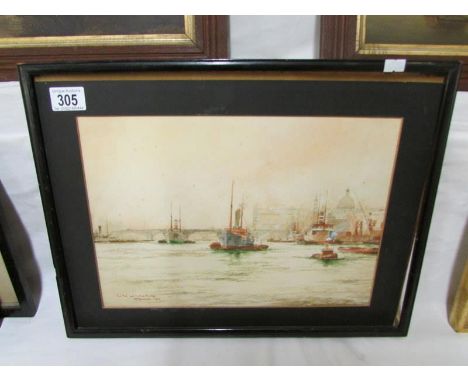 A watercolour entitled 'The 'pool' and London Bridge' signed W M Birchall 1929