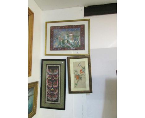A framed and glazed Eastern painting, Chinese silk panel and Oriental picture