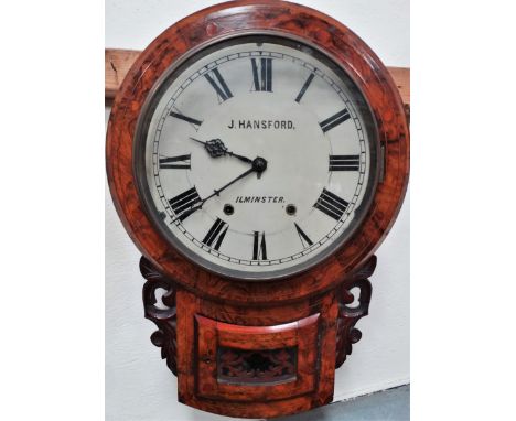 An American two train burr walnut veneered drop dial wall clock, the 11 inch painted dial signed J.Hansford Illminster, the m