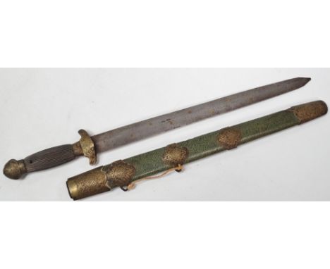 A Chinese jian or short sword, brass mounted and with shagreen scabbard, length overall 55.5cm. 