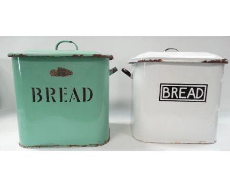 Two enamel metal lidded bread bins.