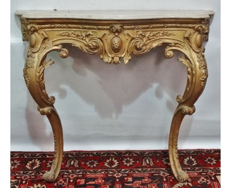 A 19th century carved and gesso giltwood console table raised on cabriole C scroll supports with shaped marble top, width 110