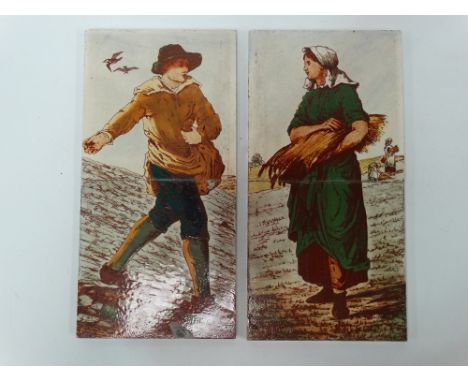 A set of four 19th century brown transfer printed and painted tiles, one double tile showing a gentleman sowing seeds, the ot