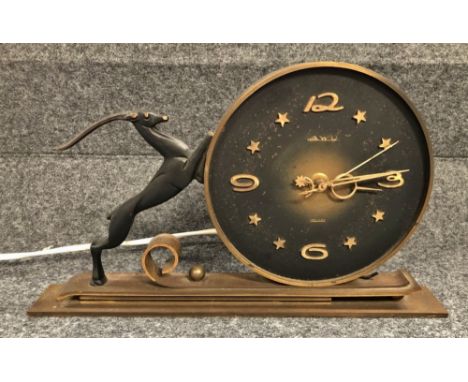 A Dutch gilt brass mantle clock by AWU in mid 20th century style decorated with a leaping gazelle.
