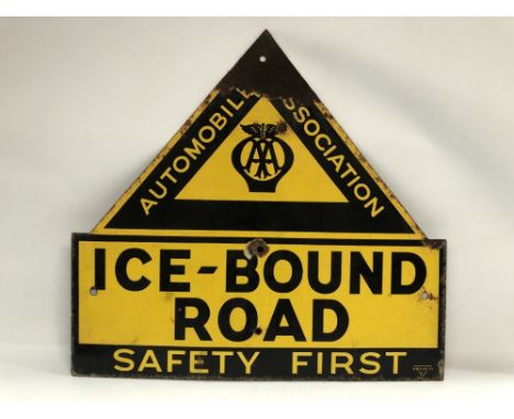 An enamel on metal advertising sign for AA 'AUTOMOBILE ASSOCIATION ICE-BOUND ROAD SAFETY FIRST' and with the maker's mark Fra