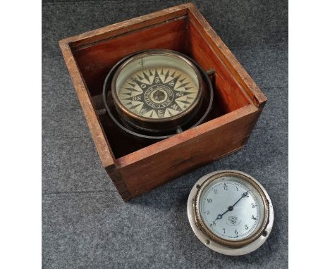 A ship's gimble mounted compass by C. Weilbach of Copenhagen in fitted pine case, together with a Smiths electric car clock s
