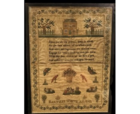 An early Victorian coloured woolwork and silkwork sampler with verse, decorated with a building and garden, butterflies, parr