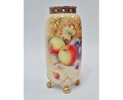 A modern Royal Worcester vase with pierced rim, painted with fruit and signed P. Platt, raised on four loose scroll feet with