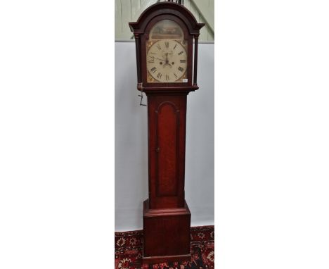 An eight day longcase clock with 12 inch painted arch dial, indistinctly signed Geach St Columb, within an oak and mahogany c