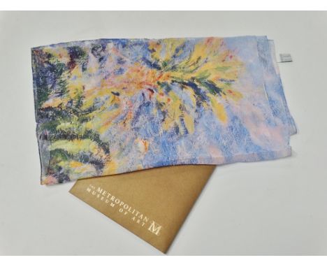 A silk scarf printed with a landscape for The Metropolitan Museum of Art, within original card box.