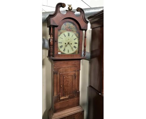 A North Country mahogany and oak longcase clock with eight day movement and painted arch dial, with weights and pendulum, hei