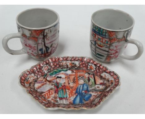 A Chinese mandarin palette spoon dish painted with four figures in a garden, width 12cm, together with a pair of mandarin pal