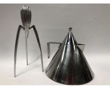 A retro stainless steel kettle by Alessi, height 22cm, together with an Alessi lemon squeezer (2). 