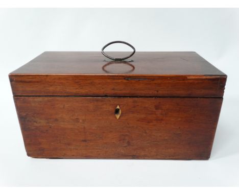 A 19th century mahogany boxwood inlaid tea caddy, hinged to reveal original glass mixing bowl flanked by two lidded compartme