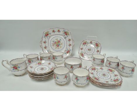 A Royal Albert 'Petit Point China' pattern part tea set, comprising eight teacups, six saucers, six side plates, a serving pl