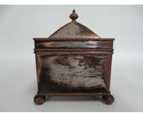 A 19th century Old Sheffield plated hinge lidded tea caddy of rectangular section, the domed hinged lid with gadrooned border